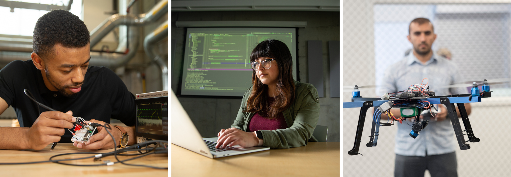 one student works on electrical device, one student works on a laptop, one student operates a drone