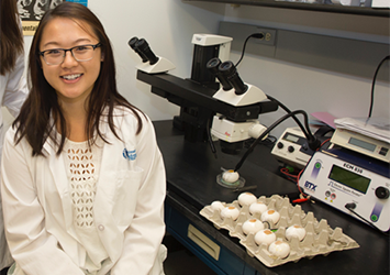 Julie Chang, biomedical engineering class of 2018, in a labcoat as she researches in a lab on co-op.