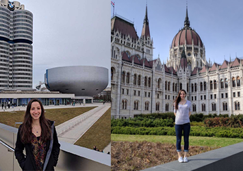 Sarah Deutsch, mechanical engineering class of 2018, is pictured in front of Munich, Germany landmarks while on co-op for BMW in Germany. 