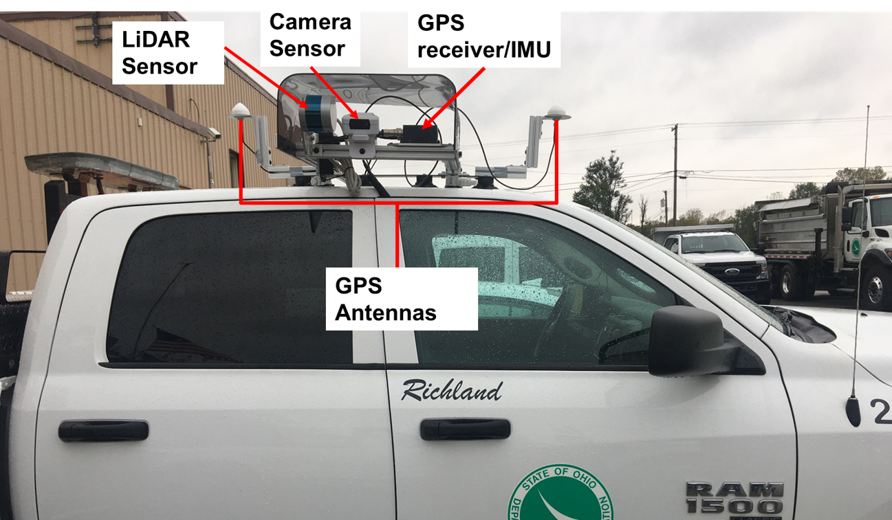 A pickup truck equipped with a system for roadside condition assessment
