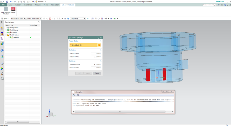 Custom GUI and result output for small opening detection  in Siemens NX Modeling 