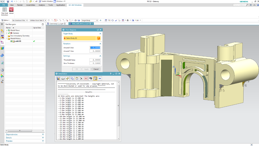 Custom GUI and result output for thin wall detection in Siemens NX Modeling 